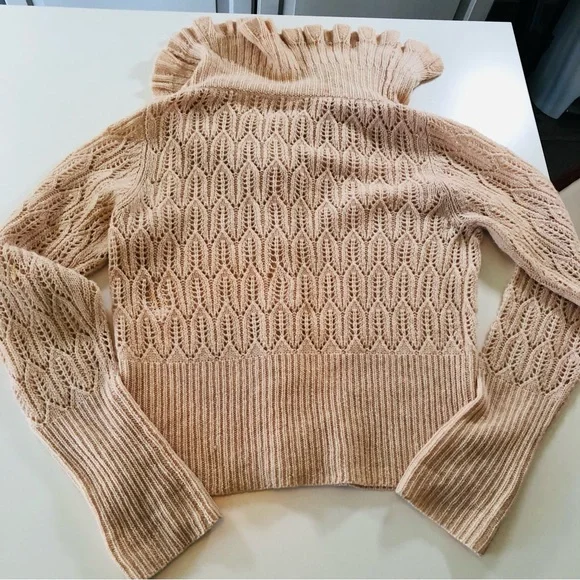 Anthropologie Moth Women’s S, Ruffled Collar, Tan Crochet Cardigan Sweater, Wool - Picture 12 of 13